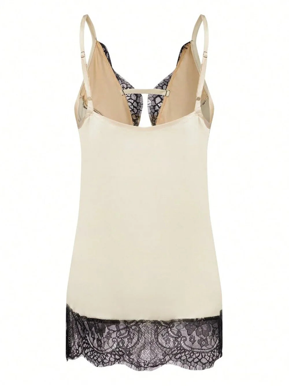 Apricot Elegant Women's Lace Trim Satin Cami with Spaghetti Straps Deep V-Neck - Picture 8 of 10